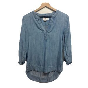 Vineyard Vines Blue 100% Tencel Split Neck Tunic Blouse XS 3/4 Sleeve, Coastal